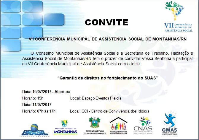 CONVITE PARA A VII CONFERÊNCIA MUNICIPAL DE ASSISTÊNCIA SOCIAL