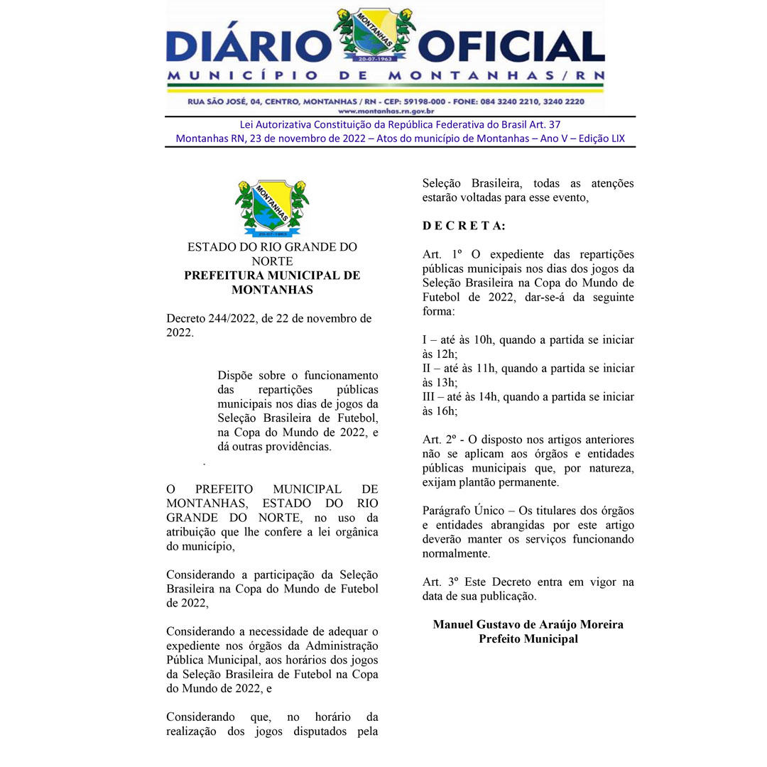 Prefeitura edita decreto que altera horário de expediente durante os jogos  do Brasil na Copa do Mundo 2022